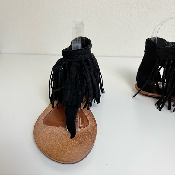 Black Suede Fringe Ankle Zip Up Brown Sole Sandals - Picture 4 of 16